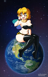  absurdres antennae arthropod_girl bee_girl black_thighhighs blonde_hair blush breasts cleavage collaboration dakunart danmakuman earth_(planet) female giant giantess highres large_breasts mely_(danmakuman) monster_girl open_mouth original panties planet smile solo space striped_clothes striped_panties thick_eyebrows thighhighs underwear wings 