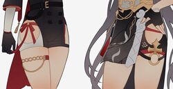  2girls black_gloves commentary_request fingerless_gloves fu_hua fu_hua_(herrscher_of_sentience) gloves grey_hair hand_on_own_hip haruka_(rsyaooooo) highres honkai:_star_rail honkai_(series) honkai_impact_3rd long_hair lower_body multiple_girls o-ring pelvic_curtain thigh_focus thighs topaz_(honkai:_star_rail) very_long_hair 