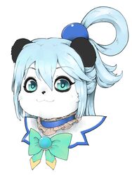  2019 :3 absurd_res accessory alternate_species ambiguous_gender anthro aqua_(konosuba) bear black_nose blue_eyes blue_hair bodily_fluids bow_ribbon choker clothed clothing female_(lore) foogyakumo front_view furrification giant_panda hair hair_accessory hair_bun headshot_portrait hi_res jewelry konosuba:_god&#039;s_blessing_on_this_wonderful_world! looking_at_viewer mammal necklace portrait ruff_(clothing) simple_background smile solo sweat sweatdrop white_background 