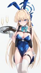  animal_ears aqua_bow aqua_bowtie blonde_hair blue_archive blue_eyes blue_halo blue_leotard bow bowtie breasts champagne_flute cleavage collar commentary_request cup detached_collar drinking_glass fake_animal_ears female gloves greenkohgen grey_background gun halo handgun highleg highleg_leotard highres holding holding_tray large_breasts leotard long_hair looking_at_viewer m1911 official_alternate_costume playboy_bunny rabbit_ears simple_background solo standing strapless strapless_leotard thigh_strap thighhighs thighs toki_(blue_archive) toki_(bunny)_(blue_archive) tray weapon white_collar white_gloves white_thighhighs 