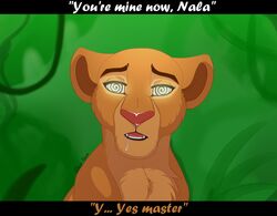  blauehexe dialogue disney dominant dominant_male fangs felid female feral fluffy_fur greenery hypnosis leaf lion looking_ahead male mammal mind_control nala_(the_lion_king) open_mouth pantherine pink_nose portrait solo spittle submissive submissive_female teeth the_lion_king 