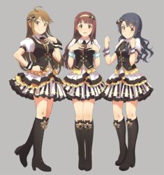  3girls ahoge black_bow black_footwear black_hair black_vest blush boots bow brown_eyes brown_hair closed_mouth cross-laced_footwear full_body hairband hairbow high_heel_boots high_heels highres idol idol_clothes idolmaster idolmaster_million_live! knee_boots lace-up_boots layered_skirt long_hair looking_at_viewer multiple_girls narumi_nanami open_mouth pleated_skirt puffy_short_sleeves puffy_sleeves red_eyes shirt short_sleeves skirt smile standing striped_clothes striped_skirt takayama_sayoko tanaka_kotoha tokoro_megumi vertical-striped_clothes vertical-striped_skirt vest white_shirt white_skirt wrist_cuffs 