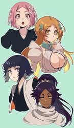  4girls black_hair black_kimono bleach bleach:_sennen_kessen-hen blunt_bangs bone breasts cleavage cleavage_cutout cloak clothing_cutout commentary dark-skinned_female dark_skin detached_sleeves green_background hair_ornament haori highres inoue_orihime japanese_clothes kimono kusajishi_yachiru large_breasts long_hair multiple_girls orange_eyes orange_hair pink_eyes pink_hair ponytail puffy_sleeves purple_eyes purple_hair shihouin_yoruichi short_hair sui-feng sumire_1046 yellow_eyes 