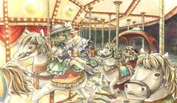  2girls black_headwear blonde_hair bow buttons carousel carriage center_frills collared_shirt commentary_request crystal diamond_button eyeball flandre_scarlet frilled_shirt_collar frilled_skirt frilled_sleeves frills green_eyes green_hair green_skirt hat hat_ribbon highres hisako_(6anmbblfnjueeff) horse komeiji_koishi long_sleeves looking_back medium_hair mob_cap multiple_girls one_side_up open_mouth protected_link puffy_short_sleeves puffy_sleeves red_bow red_ribbon red_vest ribbon shirt short_hair short_sleeves sidelocks skirt sleeves_past_fingers sleeves_past_wrists smile third_eye touhou traditional_media vest wavy_hair wide_sleeves wings yellow_ribbon yellow_shirt 