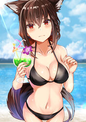  absurdres animal_ear_fluff animal_ears beach bikini black_bikini black_hair blush braid breasts cleavage cloud cloudy_sky cocktail_glass collarbone commentary cup day drinking_glass earrings female fox_ears fox_girl fox_tail hair_between_eyes highres holding holding_cup hololive jewelry kurokami_fubuki long_hair looking_at_viewer medium_breasts navel ocean outdoors pentagram red_eyes sidelocks single_braid sky solo swimsuit tail virtual_youtuber zacky 