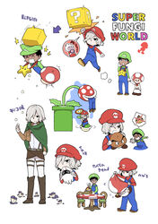  2boys ? ?_block arrow_(symbol) biting black_eyes black_hair blooper_(mario) blue_eyes calling chair character_request chef_toad_(mario) chewing chibi cloak cosplay cropped_jacket crumbs cube dark-skinned_male dark_skin dungeon_meshi eating elf fairy_ring fire_flower flying_sweatdrops food food_on_face gloves goomba green_headwear green_shell_(mario) grey_hair hat holding holding_hands hood hooded_cloak jewelry kabru lifting_person luigi luigi_(cosplay) mario mario_(cosplay) mario_(series) mithrun multiple_boys mushroom necklace notched_ear one_eye_covered outstretched_arms overalls paradis_military_uniform piranha_plant plant pointing pointy_ears potted_plant punching red_headwear riding shell shingeki_no_kyojin short_hair silhouette simple_background speech_bubble spoken_character spoken_hand star_(symbol) super_nintendo_world table toad_(mario) warp_pipe watch white_background wristwatch x_x yucomare 