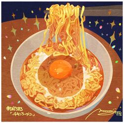  bowl chopsticks egg egg_yolk food food_focus highres momiji_mao no_humans noodles original raw_egg realistic signature simple_background soup sparkle still_life translation_request 