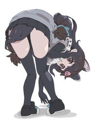  animal_ears bent_over black_footwear black_gloves black_hair black_skirt black_thighhighs blush brown_eyes brown_hair collar collared_peccary_(kemono_friends) elbow_gloves extra_ears female from_behind gloves grey_shirt highres kemono_friends kunikuni_(kunihiro2005) long_hair looking_at_viewer looking_back multicolored_hair pleated_skirt shirt shoes short_sleeves skirt sneakers solo t-shirt tail thighhighs two-tone_footwear white_collar white_footwear zettai_ryouiki 