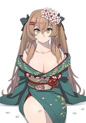  breasts brown_hair chinese_commentary cleavage closed_mouth commentary female flower girls&#039;_frontline hair_flower hair_ornament hair_ribbon hairclip japanese_clothes kimono long_hair looking_at_viewer official_alternate_costume ribbon scar scar_across_eye solo symbol-only_commentary tab_(tabkun) twintails ump9_(girls&#039;_frontline) ump9_(wayfarer_of_the_profound)_(girls&#039;_frontline) 