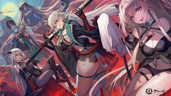  5girls absurdly_long_hair aegir_(azur_lane) anchorage_(azur_lane) armor asymmetrical_gloves asymmetrical_horns august_von_parseval_(azur_lane) azur_lane bare_shoulders black_cape black_dress black_footwear black_gloves black_hair black_headwear black_legwear black_shorts blue_hair bodystocking boots breast_curtains breasts brown_sash cape center_opening cleavage covered_navel crosier cross cross-laced_clothes cross_earrings crossed_legs curled_horns demon_horns dress earrings elbow_gloves facial_mark from_side full_moon gauntlets gloves green_cape hair_on_horn hair_over_one_eye hakuryuu_(azur_lane) high_heels highres holding holding_scepter horns impossible_clothes iron_cross japanese_armor jewelry knee_boots lack large_breasts loading_screen long_hair looking_at_viewer marco_polo_(azur_lane) mechanical_horns medium_breasts microdress mismatched_gloves mismatched_horns moon multicolored_hair multiple_girls oerba_yun_fang official_art ootachi open_mouth outdoors over_shoulder pleated_dress purple_eyes red_eyes red_gloves red_hair sash scepter short_shorts shorts single_knee_boot sitting standing streaked_hair suneate sword sword_over_shoulder teeth thigh_strap thighhighs twintails two-tone_hair underbust unsheathed upper_teeth_only very_long_hair very_long_sleeves weapon weapon_over_shoulder white_eyes white_gloves white_hair white_sash yellow_eyes 