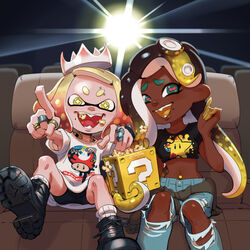  +_+ 2girls ?_block boots casual cephalopod_eyes clothes_around_waist company_connection crop_top cropped_shirt crown dark-skinned_female dark_skin denim eating fangs food highres inkling jeans jewelry marina_(splatoon) mario_(series) midriff movie_projector movie_theater multiple_girls necklace nintendo octoling open_mouth oversized_clothes oversized_shirt pants pearl_(splatoon) pink_pupils pointing popcorn ring shirt sitting smile splatoon_(series) splatoon_2 stup-jam suction_cups super_mushroom super_star_(mario) teeth tentacle_hair the_super_mario_bros._movie torn_clothes torn_jeans torn_pants very_dark_skin 