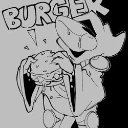  1:1 ambiguous_gender animal_mask beak_mask black_and_white blush burger clothing digital_media_(artwork) eating english_text food humanoid mask monochrome plague_doctor plague_knight robe shovel_knight simple_background solo squishy_(artist) text unknown_species yacht_club_games 