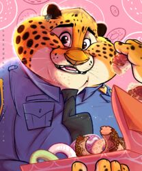  5:6 anthro benjamin_clawhauser cheetah dessert disney doughnut eating felid feline food hi_res looking_at_viewer lucasmolla male mammal pastry police portrait slightly_chubby smile solo zootopia 