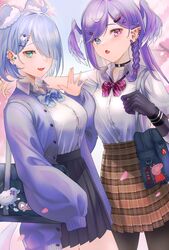  2girls :o absurdres apex_legends bag black_legwear black_skirt blue_bow blue_bowtie blue_cardigan blue_eyes blue_hair blush bob_cut bone_charm bow bowtie braid breasts brown_skirt button_gap cardigan charm_(object) cherry_blossoms choker cloud dragon dress dress_shirt elira_pendora ember_(selen_tatsuki) english_text eyelashes famelira_(elira_pendora) gfpebs hair_ornament hair_over_one_eye hairclip head_wings heterochromia highres large_breasts medium_hair multiple_girls nijisanji nijisanji_en oerba_yun_fang one_eye_covered pantyhose peppa_pig peppa_pig_(series) pig pikl_(elira_pendora) pleated_skirt pointy_ears purple_bow purple_bowtie purple_eyes purple_hair red_dress school_bag school_uniform selen_tatsuki shirt short_hair shoulder_bag siblings sisters skirt sky sleeves_past_fingers sleeves_past_wrists smile tented_shirt twin_braids virtual_youtuber white_shirt wings wristband x_hair_ornament 