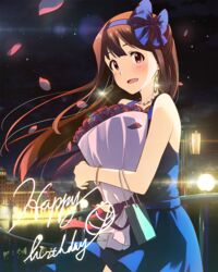  bag blue_dress blush bouquet brown_hair building dress earrings female flower handbag happy_birthday holding holding_bouquet idol idolmaster idolmaster_million_live! jewelry lights narumi_nanami night open_mouth outdoors petals red_flower sky smile star_(sky) starry_sky tanaka_kotoha water 