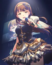  black_vest blush brown_eyes brown_hair commentary concert female from_below hairband idol idol_clothes idolmaster idolmaster_million_live! layered_skirt long_hair looking_down miniskirt monitor music narumi_nanami open_mouth singing skirt solo tanaka_kotoha vest white_skirt wrist_cuffs 