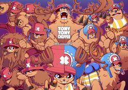  1boy abs antlers antlers_through_headwear backpack bag blue_headwear blush_stickers highres hooves horns multiple_persona muscular muscular_male one_piece open_mouth pink_headwear reindeer reindeer_antlers samu_(samudl) serious shaded_face shirt smile split_theme striped_clothes striped_shirt tank_top tony_tony_chopper vertical-striped_clothes vertical-striped_shirt 