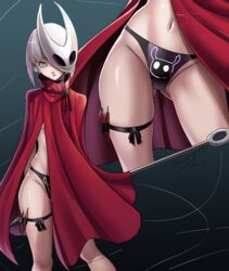  arms_behind_back ass_visible_through_thighs black_panties blue_eyes bob_cut cloak commentary contrapposto female grey_hair highres hollow_knight hornet_(hollow_knight) humanization mask medium_hair nail_(hollow_knight) needle_(hollow_knight) nicomamu panties red_cloak solo spanish_commentary string thigh_strap underwear 