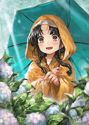  black_hair blush brown_eyes dated dew_drop female flower holding holding_umbrella hydrangea kantai_collection long_hair long_sleeves nisshin_(kancolle) open_mouth photoshop_(medium) purple_flower raincoat sidelocks signature solo thick_eyebrows toka_(marchlizard) umbrella water water_drop yellow_raincoat 