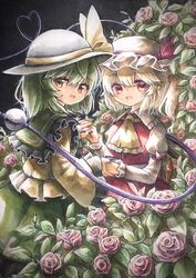  2girls ascot black_background black_headwear blonde_hair blouse blue_nails bow collared_shirt commentary crystal eyeball fingernails flandre_scarlet flower frilled_ascot frilled_shirt_collar frilled_skirt frilled_sleeves frills green_eyes green_hair green_skirt hair_between_eyes hat hat_ribbon heart heart_of_string highres hisako_(6anmbblfnjueeff) holding_hands komeiji_koishi leaf long_fingernails long_sleeves mob_cap multiple_girls nail_polish one_side_up open_mouth pink_flower pink_rose protected_link puffy_sleeves red_bow red_eyes red_nails red_ribbon red_skirt red_vest ribbon rose rose_bush sharp_fingernails shirt short_hair sidelocks skirt smile third_eye touhou traditional_media vest wavy_hair white_shirt wide_sleeves wings yellow_ascot yellow_ribbon yellow_shirt 