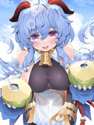  ahoge bare_shoulders bell black_pantyhose blue_hair blush bodystocking breasts coconut covered_nipples cowbell detached_sleeves drinking_straw female fruit_cup ganyu_(genshin_impact) genshin_impact goat_horns gold_trim hair_between_eyes highres holding horns large_breasts legs_together leotard long_hair looking_at_viewer neck_bell open_mouth pantyhose purple_eyes sideboob sidelocks skindentation smile solo tassel taut_leotard thighlet vision_(genshin_impact) waterring white_sleeves 