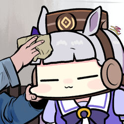  1boy animal_ears blunt_bangs blush brown_headwear chibi cleaning closed_mouth collar commentary female gold_ship_(umamusume) grey_hair hand_on_another&#039;s_face horse_ears horse_girl horseshoe_ornament jazz_jack long_hair lowres neck_ribbon photo-referenced pillbox_hat puffy_short_sleeves puffy_sleeves purple_ribbon purple_shirt rag ribbon school_uniform shirt short_sleeves signature tracen_school_uniform trainer_(umamusume) umamusume uniform upper_body white_collar 