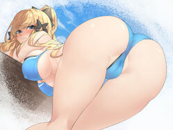  ass bare_shoulders bent_over bikini black_bow blonde_hair blue_bikini blush bow breasts cleavage closed_mouth female gingami_(giluziru) hair_up hairbow half-closed_eyes large_breasts long_hair looking_at_viewer looking_back o-ring o-ring_bikini o-ring_top outdoors photoshop_(medium) ponytail princess_connect! pussy_juice saren_(princess_connect!) saren_(summer)_(princess_connect!) sidelocks solo standing swimsuit thigh_gap thighs underboob wavy_mouth 