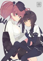  2girls anchor_hair_ornament anchor_symbol artist_logo atlanta_(kancolle) bad_id bad_pixiv_id black_bodysuit black_gloves black_headband black_headwear black_sailor_collar black_skirt bodysuit breasts brown_hair clothes_writing corset dress_shirt earrings fujiyama_ichiha garrison_cap gloves grey_background grey_eyes hachimaki hair_flaps hair_ornament hairband hat hatsuzuki_(kancolle) headband high-waist_skirt jewelry kantai_collection large_breasts long_hair long_sleeves multiple_girls neckerchief pleated_skirt sailor_collar school_uniform serafuku shirt short_hair simple_background sitting skirt star_(symbol) star_earrings suspender_skirt suspenders two_side_up white_shirt yellow_eyes 