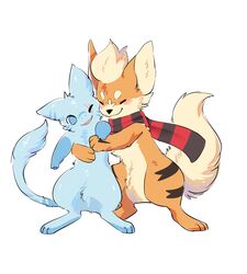  3_fingers 3_toes 4_fingers aishasoup ambiguous_gender anthro black_nose blue_body blue_eyes blue_fur closed_eyes duo facial_tuft feet feral fingers fur generation_1_pokemon growlithe half-closed_eyes hi_res hug legendary_pokemon male mew_(pokemon) narrowed_eyes nintendo nose_tuft open_mouth orange_body orange_fur pokemon pokemon_(species) scar scarf tail tanashi toes tuft yellow_body yellow_fur 