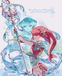  2girls ancestor_and_descendant blue_sash blue_skin closed_eyes closed_mouth colored_skin commentary_request earrings english_text fish_girl holding holding_polearm holding_weapon jewelry mipha multiple_girls polearm princess_ruto purple_eyes rain_rkgk red_skin sash smile the_legend_of_zelda the_legend_of_zelda:_breath_of_the_wild the_legend_of_zelda:_ocarina_of_time trident water weapon zora 