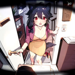  animal_ears black_hair blurry blush bracelet breasts cat_ears chinese_commentary chinese_text cleavage collarbone commentary_request dated depth_of_field door door_handle drawer dress ejami ekko_(ejami) entrance eyewear_view female fox_ears fox_girl fox_tail from_above hair_between_eyes holding jacket jewelry large_breasts long_hair looking_at_viewer mature_female nameplate necklace open_door open_mouth opening_door orange_dress original package pink_jacket plant potted_plant pov red_eyes red_footwear shoe_rack shoes signature simple_background slippers solo_focus standing tail translated white_background 