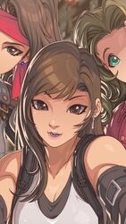  3girls aerith_gainsborough armor boobplate breastplate breasts brown_eyes brown_hair cleavage close-up commentary cropped cropped_legs detached_sleeves earrings edwin_huang final_fantasy final_fantasy_vii final_fantasy_vii_remake green_eyes headband highres jacket jessie_rasberry jewelry large_breasts light_brown_hair multiple_girls out_of_frame outstretched_arms pink_lips red_headband red_jacket selfie suspenders symbol-only_commentary tifa_lockhart 