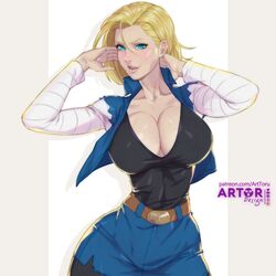  1girls alternate_version_available android_18 arttoru blonde_hair blue_eyes cameltoe cleavage curvy dragon_ball dragon_ball_z female female_only fully_clothed high_waisted_pants huge_ass huge_breasts no_eyewear short_hair solo thick_lips voluptuous wide_hips 