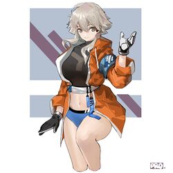  absurdres arknights armband belt black_gloves black_shirt breasts buruma cleavage closed_mouth crop_top cropped_legs female gloves grey_eyes grey_hair hand_up highres jacket long_hair long_sleeves looking_at_viewer mayer_(arknights) medium_breasts navel open_clothes open_jacket orange_jacket prossss shirt sign smile solo turtleneck 