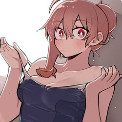  absurdres bare_arms bare_shoulders blue_one-piece_swimsuit breasts brown_hair cleavage closed_mouth collarbone commentary_request competition_school_swimsuit female hair_between_eyes hair_bun hands_up highres kanke_(kank06020602) looking_at_viewer medium_breasts mole mole_under_eye one-piece_swimsuit original pulling_own_clothes red_eyes school_swimsuit simple_background solo strap_pull swimsuit upper_body white_background 