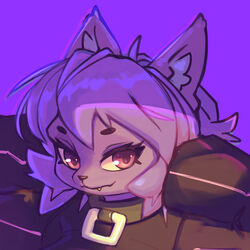  animal_ears animal_nose arms_up black_collar black_jacket cat_ears cat_girl chromatic_aberration close-up collar commentary english_commentary eyelashes fang_out female furry furry_female highres jacket long_sleeves looking_at_viewer medium_hair messy_hair oerba_yun_fang original portrait purple_background purple_eyes purple_fur purple_hair purple_theme short_eyebrows smile solo ultra_(ultrabondagefairy) ultrabondagefairy 