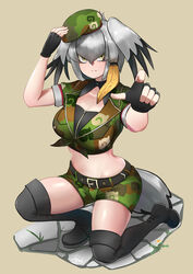  absurdres belt black_footwear black_gloves boots breasts brown_background camouflage camouflage_shirt camouflage_shorts cleavage_cutout clothing_cutout collarbone commentary female fingerless_gloves frown full_body gloves grey_hair hair_between_eyes hat head_wings highres japari_symbol_print john_(a2556349) kemono_friends large_breasts midriff multicolored_hair navel pointing pointing_at_viewer shirt shoebill_(kemono_friends) short_shorts short_sleeves shorts simple_background single_sidelock solo tail thigh_boots thighhighs two-tone_hair wings yellow_eyes zipper 