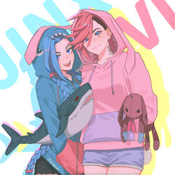  2girls :d alternate_costume animal_ears arcane:_league_of_legends arcane_jinx arcane_vi black_shorts blue_eyes blue_shorts braid character_name commentary fake_animal_ears fake_tail hair_ornament hair_scrunchie highres holding holding_stuffed_toy hood hoodie jinx_(league_of_legends) league_of_legends long_hair looking_at_viewer multiple_girls neck_tattoo noriuma open_mouth pink_hair pink_hoodie rabbit_ears red_scrunchie scrunchie sharp_teeth short_hair shorts siblings sisters smile stuffed_animal stuffed_rabbit stuffed_shark stuffed_toy tail tattoo teeth twin_braids upper_teeth_only vi_(league_of_legends) 