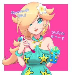  ;p ?_block bare_shoulders baskin-robbins blonde_hair blue_eyes breasts collarbone cup earrings eyelashes female flower hair_flower hair_ornament hair_over_one_eye highres holding holding_cup holding_spoon ice_cream_spoon ice_flower ice_mario jewelry looking_at_viewer mario mario_(series) mario_kart mario_kart_tour official_alternate_costume one_eye_closed purple_nails rosalina rosalina_(swimwear) solo spoon star_(symbol) star_earrings tongue tongue_out twitter_username upper_body yyouauo33 