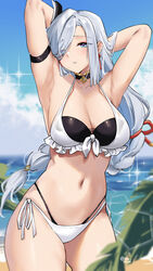  absurdres arm_strap armpits arms_behind_head arms_up bare_arms bare_shoulders beach bikini black_choker blue_eyes blue_sky breasts choker cloud commentary cowboy_shot day double_bikini female genshin_impact grey_hair highres large_breasts lens_flare long_hair looking_at_viewer navel ocean outdoors parted_lips pinepin shenhe_(genshin_impact) side-tie_bikini_bottom sky solo sparkle standing stomach swimsuit thighs very_long_hair water white_bikini 