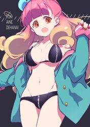  :o absurdres aikatsu!_(series) aikatsu_friends! aqua_jacket bad_id bad_pixiv_id bare_legs bikini black_background black_bikini blue_archive blue_bow blunt_bangs bow breasts cleavage collar commentary_request cosplay cowboy_shot drill_hair eimi_(blue_archive) eimi_(blue_archive)_(cosplay) female gradient_hair groin hair_over_shoulder hairbow halterneck highres jacket large_breasts long_hair lowleg lowleg_bikini matsunaga_akane multicolored_hair nail_polish navel off_shoulder open_clothes open_jacket open_mouth orange_eyes orange_hair orange_nails pink_collar pink_hair romaji_text school_uniform simple_background sleeves_past_wrists solo star_harmony_academy_school_uniform stomach swimsuit taiyaki29 translated voice_actor_connection yuki_aine zipper 