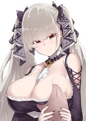  013_(hamsasuke) 1boy azur_lane bare_shoulders between_breasts black_dress black_nails black_ribbon breasts cleavage clothing_cutout commentary_request dress female formidable_(azur_lane) frilled_dress frills gothic_lolita grabbing grabbing_another&#039;s_breast grey_hair guided_breast_grab guiding_hand hair_ribbon highres large_breasts lolita_fashion long_hair male_hand nail_polish necktie necktie_between_breasts red_eyes ribbon shoulder_cutout simple_background straight twintails two-tone_dress two-tone_ribbon upper_body very_long_hair white_background 