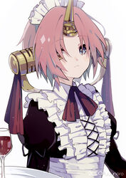  artist_name blue_eyes breasts captain_yue closed_mouth commentary cup dress drinking_glass fate/apocrypha fate_(series) female frankenstein&#039;s_monster_(fate) frankenstein&#039;s_monster_(formal_dress)_(fate) frills frown hair_ornament hair_over_eyes hair_over_one_eye headgear heterochromia holding holding_plate horns juliet_sleeves long_sleeves looking_at_viewer maid maid_headdress mechanical_horns parted_bangs pink_hair plate puffy_sleeves red_ribbon ribbon short_hair simple_background single_horn solo symbol-only_commentary upper_body white_background wine_glass yellow_eyes 