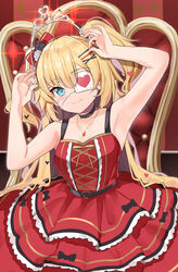  absurdres akai_haato akai_haato_(gothic_lolita) armpits bare_arms black_choker blonde_hair blue_eyes blush bow breasts choker closed_mouth dress eyepatch female hair_between_eyes hair_ornament hairbow hairclip heart heart_hair_ornament heart_print highres holding hololive jewelry layered_dress long_hair looking_at_viewer medical_eyepatch medium_breasts necklace official_alternate_costume official_alternate_hairstyle red_dress sleeveless sleeveless_dress smile solo tiara twintails two_side_up very_long_hair virtual_youtuber x_hair_ornament yuuzuki_(re&#039;ef) 