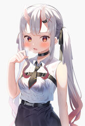  absurdres belt black_bra black_necktie blush bra bra_visible_through_clothes breasts breath choker collared_shirt female gradient_hair grey_hair highres hololive horns long_hair looking_at_viewer multicolored_hair nakiri_ayame nakiri_ayame_(streetwear) necktie oerba_yun_fang official_alternate_costume open_mouth orange_eyes pencil_skirt pinstripe_pattern pinstripe_skirt red_eyes red_hair see-through shirt shirt_tucked_in shokorate skin-covered_horns skirt sleeveless sleeveless_shirt small_breasts solo streaked_hair striped twintails underwear very_long_hair virtual_youtuber white_shirt 