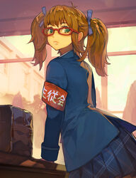  arm_support armband bag blue_jacket blue_ribbon blue_skirt brown_hair classroom closed_mouth commentary_request commission dusk female glasses green_eyes hair_ribbon hide_(hideout) highres indoors jacket long_hair long_sleeves looking_at_viewer original plaid plaid_skirt pleated_skirt red-framed_eyewear red_armband ribbon school_bag school_uniform skeb_commission skirt solo twintails window 