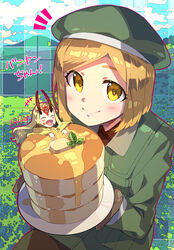  2girls beret blonde_hair blue_sky blush brown_gloves brown_legwear coat fate/grand_order fate_(series) food giant giantess gloves green_coat green_headwear hat highres ibaraki_douji_(fate) long_sleeves looking_at_viewer multiple_girls open_mouth oversized_food oversized_object pancake pantyhose parted_bangs paul_bunyan_(fate) redrop short_hair sky smile translation_request yellow_eyes 