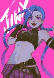  :d arcane:_league_of_legends arcane_jinx arm_tattoo asymmetrical_bangs bare_shoulders blue_hair braid breasts character_name cloud_tattoo commentary crop_top dated female fingerless_gloves gloves highres jinx_(league_of_legends) league_of_legends long_hair looking_at_viewer navel noriuma open_mouth pants pink_background sharp_teeth shiny_skin shoulder_tattoo smile solo striped_clothes striped_pants tattoo teeth twin_braids upper_teeth_only 