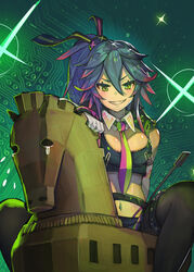  black_pantyhose black_tank_top blue_hair circuit_board commentary_request commission crop_top detached_collar female gloves green_eyes green_necktie hide_(hideout) highres holding holding_riding_crop long_hair looking_at_viewer multicolored_hair navel necktie original pantyhose pink_hair pink_necktie ponytail riding_crop sitting skeb_commission smile solo streaked_hair tank_top tears teeth thigh_strap two-tone_necktie white_gloves wooden_horse 