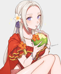  cape casual_one-piece_swimsuit coconut commentary drinking_straw edelgard_von_hresvelg female fire_emblem fire_emblem:_three_houses fire_emblem_heroes flower forehead frills fruit_cup grey_background hair_flower hair_ornament hair_ribbon highres long_hair looking_at_viewer official_alternate_costume one-piece_swimsuit peach11_01 purple_eyes purple_ribbon red_cape red_one-piece_swimsuit ribbon simple_background sitting sleeveless swimsuit thighs twitter_username white_flower white_hair 